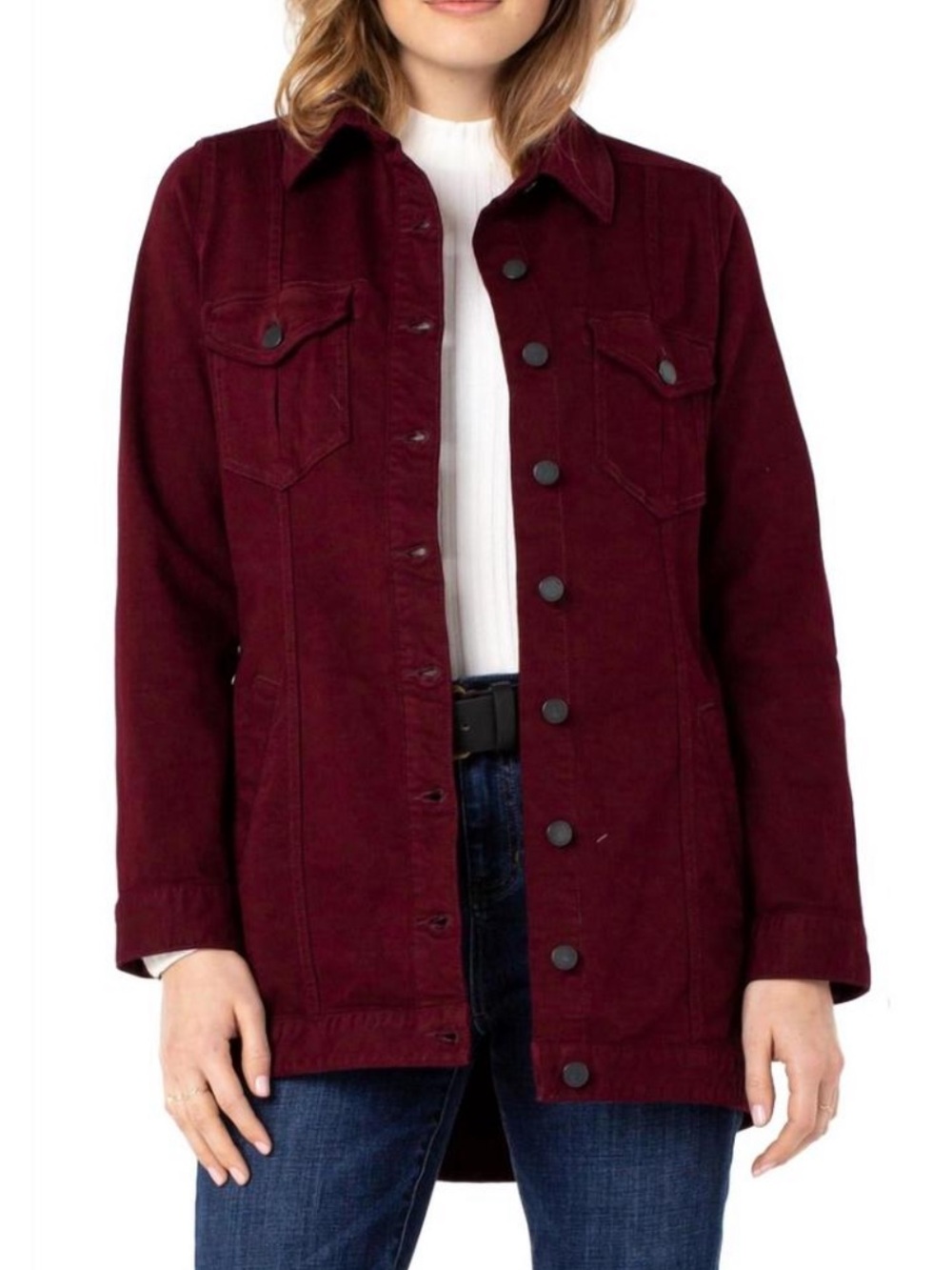 LIVERPOOL hi-low shirt jacket in ruby port Long Line Denim Size Large